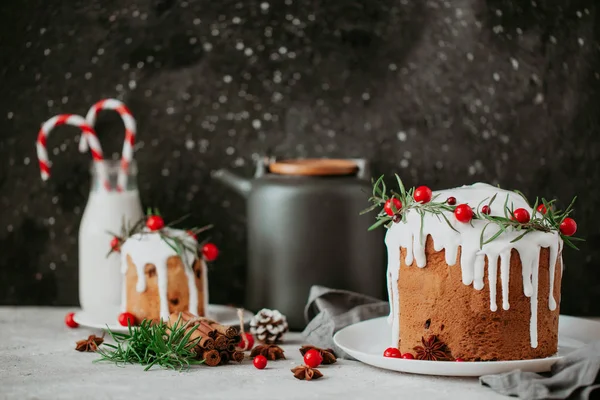 Bolo Natal Tradicional Com Cranberry Leite Quente Cones Pinho Canela — Fotografia de Stock