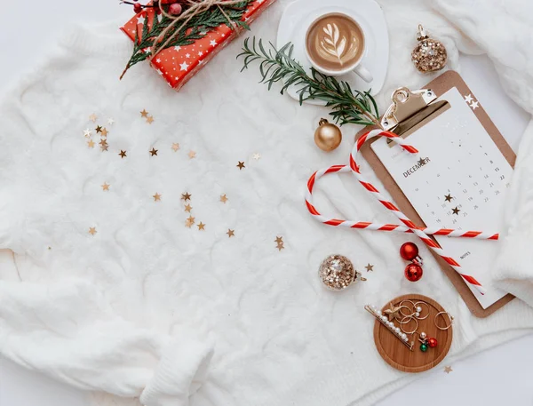 Natal Ano Novo Fundo Férias Com Decorações Mulher Cúmplice Conceito — Fotografia de Stock