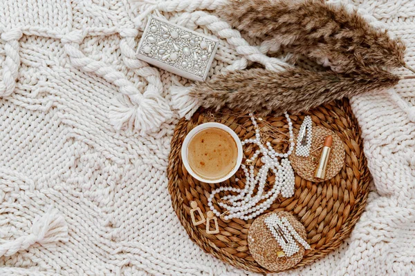 Flat Lay Still Life Lifestyle Concept Fashion Beauty Blogger Coffee — Stock Photo, Image