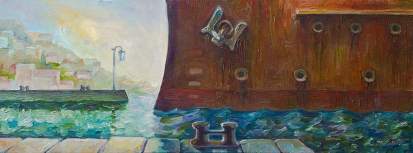 Een Olieverfschilderij Van Een Oud Roestig Slagschip Dat Naar Pier — Stockfoto