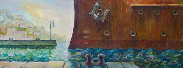 Oil Painting Old Rusty Battleship Coming Pier Artwork Alex Tsuper Royalty Free Stock Photos