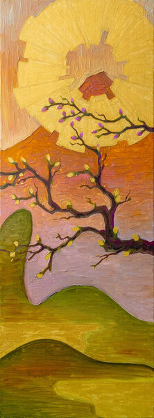 Oil Painting Sakura Blossoms Golden Sun Mount Fuji Background Royalty Free Stock Images