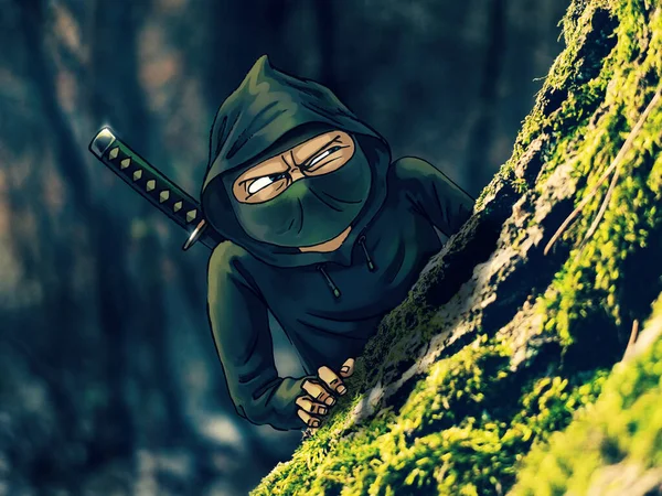 Mixed Technique Raster Illustration Ninja Shadow Warrior Looking Out Tree — Stock Photo, Image