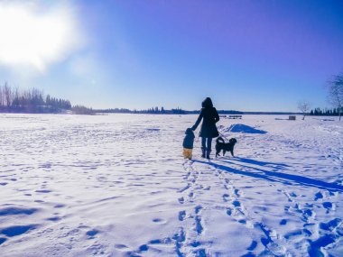 Bekar bir anne ve oğlu köpek boş alan kar üzerinden yürüyen