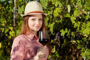 bir kadeh şarap, üzüm bağı zevk mutlu çekici kadın.