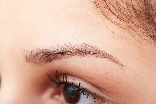 Primer plano de ojo abierto femenino y cejas con maquillaje de día — Foto de Stock