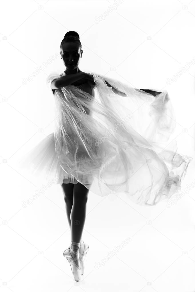 one young woman ballerina ballet dancer dancing with tutu in silhouette studio on white
