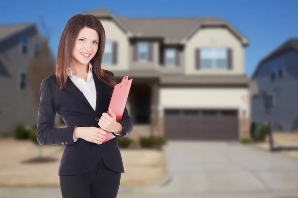 Woman real estate agent holding buy, sell and rent offers on residential house background