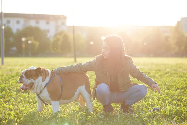 Mulheres abraçando um bulldog britânico e beijo — Fotografia de Stock