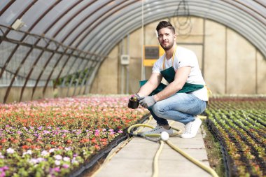 mutlu erkek çocuk işçi kırpma bitki sera içinde