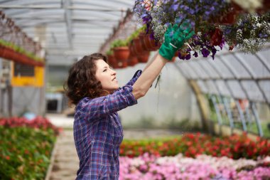 Mutlu kadın kreş işçisi seradaki bitkileri buduyor.
