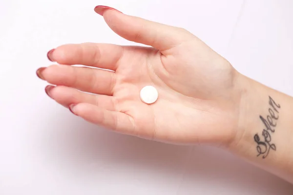 Close Woman Showing Pill — Stock Photo, Image