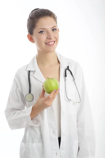 Beautiful Woman Nutritionist Showing Green Apple — Stock Photo, Image