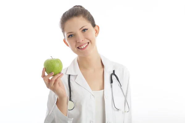 Beautiful Woman Nutritionist Showing Green Apple — Stock Photo, Image