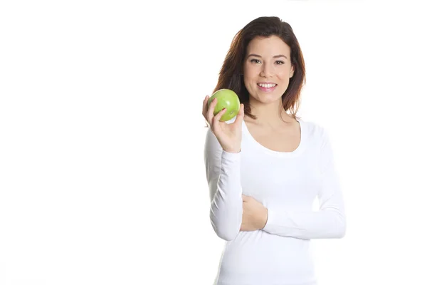 Vacker Kvinna Med Grönt Äpple Handen — Stockfoto