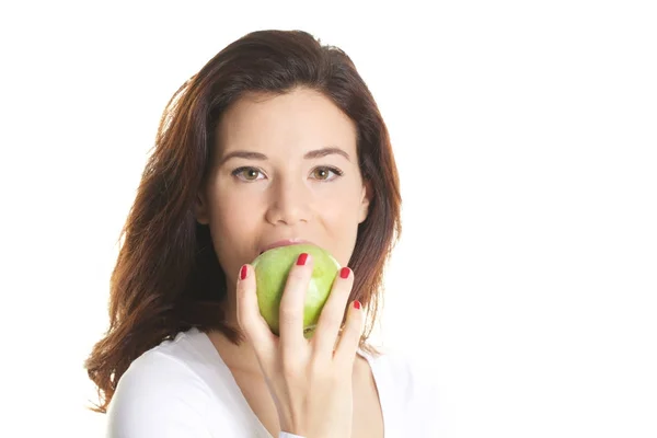 Vacker Kvinna Med Grönt Äpple Handen — Stockfoto
