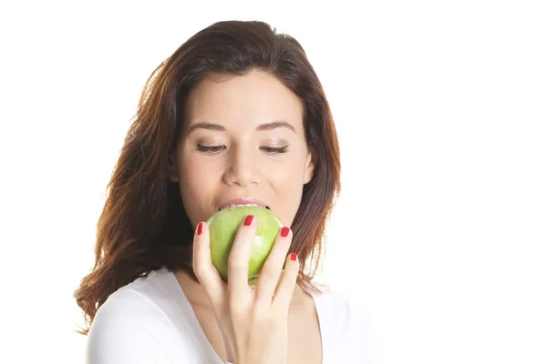 Vacker Kvinna Med Grönt Äpple Handen — Stockfoto
