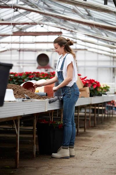 Happy Female Nursery Worker Trimming Plants Greenhouse — Stock Photo, Image