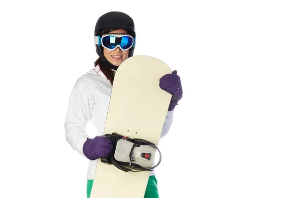 Prachtige Vrouwelijke Snowboarder Geschoten Studio Achtergrond — Stockfoto