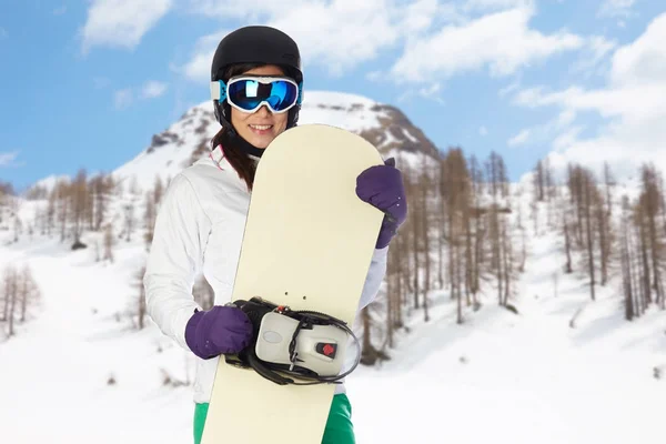 Joven Hembra Snowboarder Tiro Estudio Fondo —  Fotos de Stock