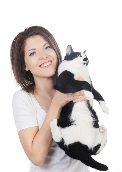 Jovem Mulher Feliz Com Gato — Fotografia de Stock