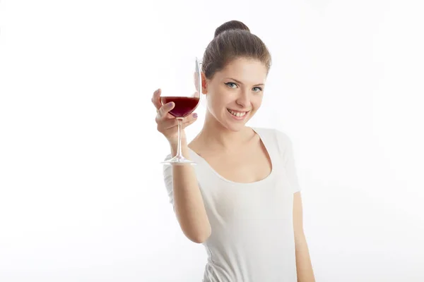 Jeune Femme Tenir Boire Verre Vin Rouge — Photo