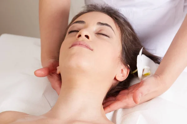 Female Enjoying Relaxing Face Massage Cosmetology Spa Center — Stock Photo, Image