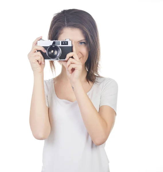Junge Schöne Fotografin Auf Weißem Hintergrund Fotografiert — Stockfoto