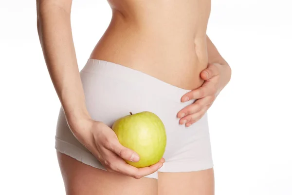 Close Wellness Female Body Holding Green Apple — Stock Photo, Image