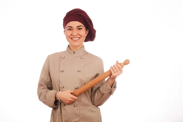 Bastante Mujer Chef Posando Fondo Del Estudio — Foto de Stock