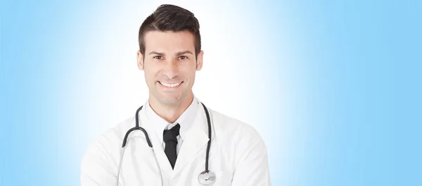 Arzt Porträt Mit Glücklichem Gesichtsausdruck Banner Panoramischen Blauen Hintergrund — Stockfoto
