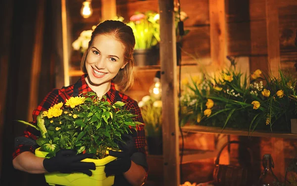 Glückliche Gärtnerin pflanzt um und gießt Blumen — Stockfoto