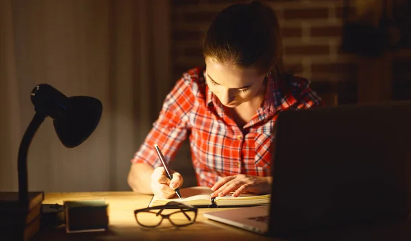 Young woman student working on the computer at night — Stock Photo, Image