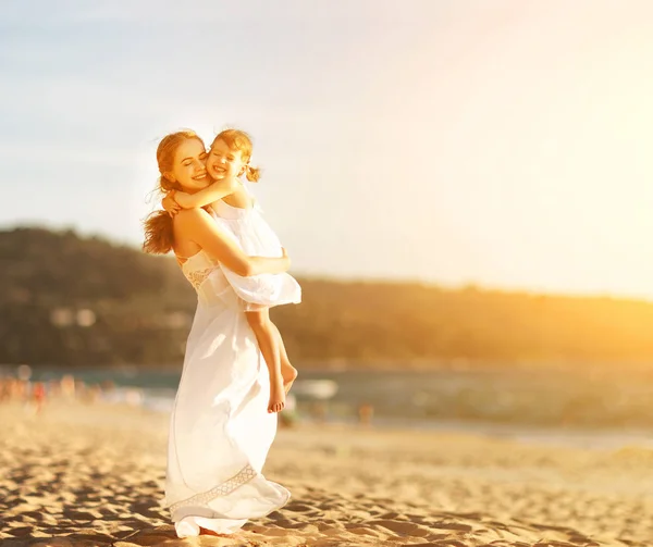Happy Family Beach Mother Hugging Baby Daughter Sunse — Stock Photo, Image