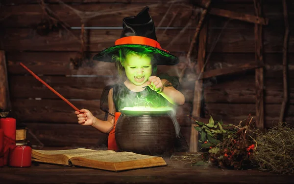 Halloween. little witch child cooking potion in   cauldron with — Stock Photo, Image