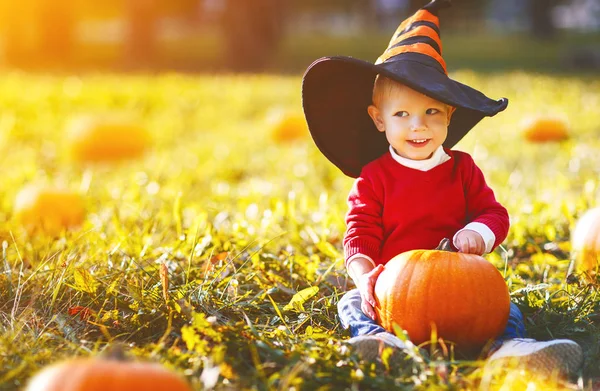 Baby boy with pumpkin outdoors in halloween — Stock Photo, Image