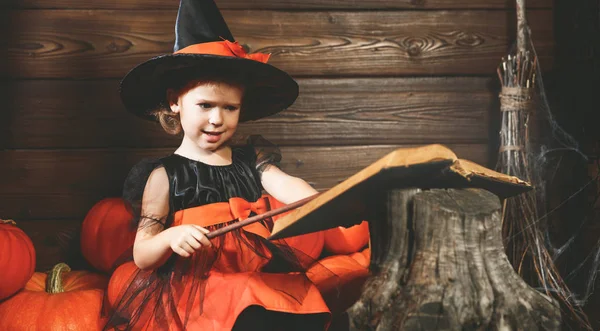 Halloween. malá čarodějnice vyčaruje s knihou kouzel, magi — Stock fotografie