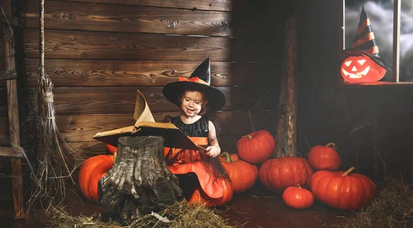Halloween. malá čarodějnice vyčaruje s knihou kouzel, magi — Stock fotografie