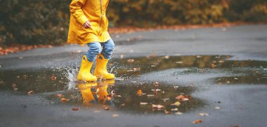 legs of child in yellow rubber boots in  puddle in autum clipart
