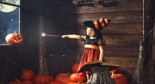 Halloween. Kleine Hexe zaubert mit Zauberbuch, Weisen — Stockfoto