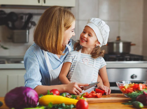 Az egészséges táplálkozás. család anya és a gyermek lány készül a zöldséges — Stock Fotó