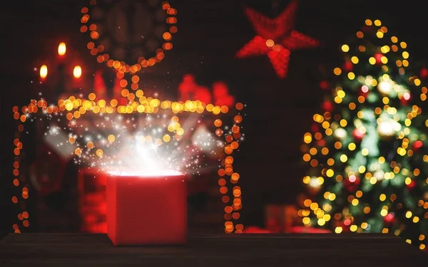 Regalo mágico de Navidad en el árbol de Navidad y fireplac —  Fotos de Stock