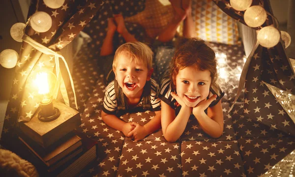 Happy family children brother and sister play, laugh and hug   i — Stock Photo, Image