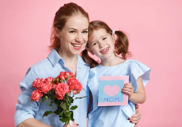 Concepto Del Día Madre Mamá Niña Con Flor Fondo Color —  Fotos de Stock