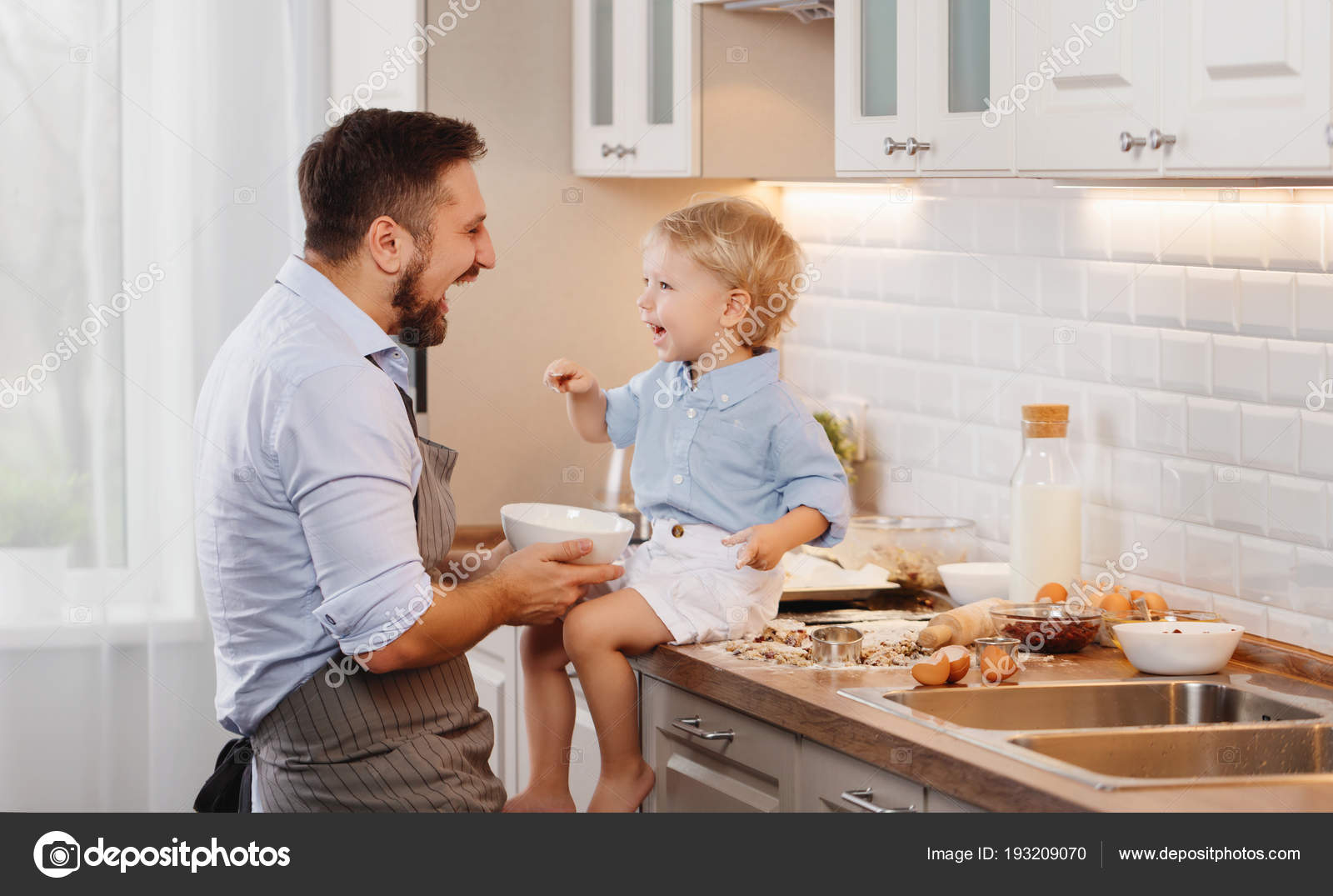 Happy Family Kitchen Father Child Son Baking Cookies Together Stock Photo Image By Evgenyataman 193209070