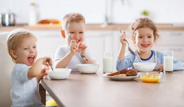 Fröhliche Lustige Kinder Schwester Und Brüder Beim Frühstück — Stockfoto