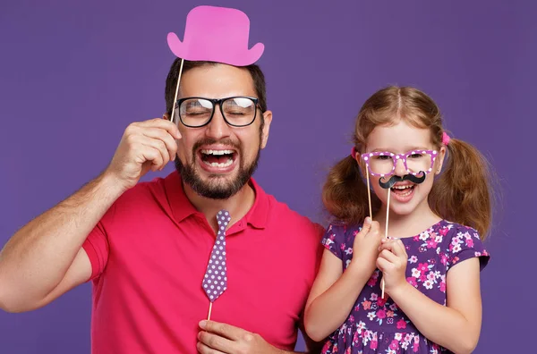 Happy Father Day Funny Dad Daughter Mustache Fooling Colored Purple — Stock Photo, Image