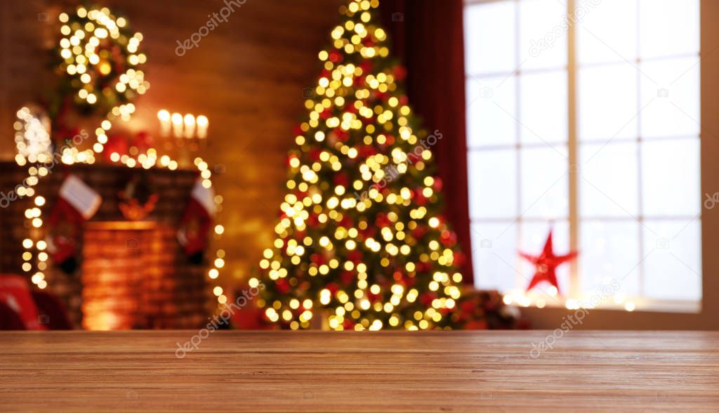 interior christmas. magic glowing tree, fireplace, gifts 