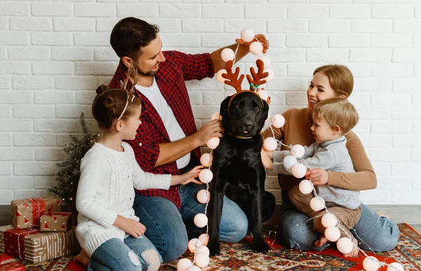 God jul! familj mamma far och barn med hund innan C — Stockfoto