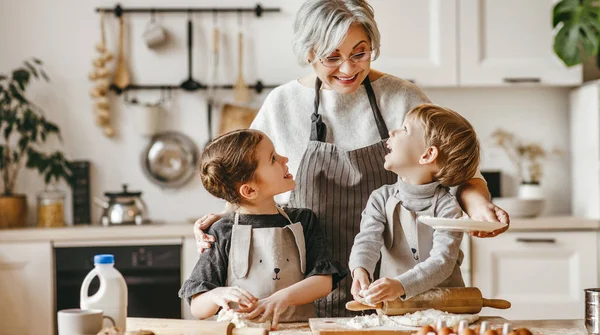 Mutlu aile babaannesi ve torunları mutfakta yemek pişirir., — Stok fotoğraf